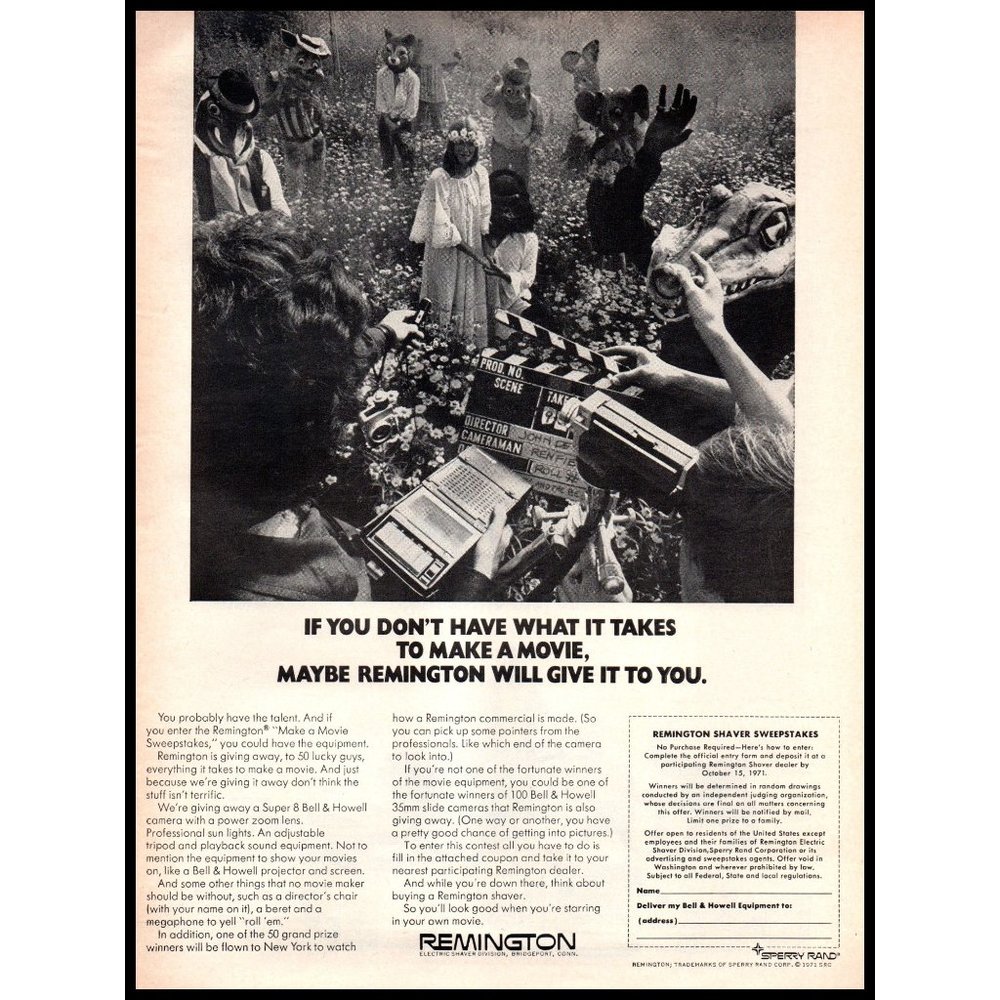 1971 Remington Electric Shaver Vintage Print Ad Make a Movie Set Wall Art Photo